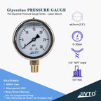 Pressure Gauge,Glycerin Liquid Filled,2.5" Dia,0-30 psi(Single Scale),1/4" NPT Brass Connection,Lower Mount, Stainless Steel Case,for Pneumatic,Pump,Hose,Well Tank,Gas Air Water Oil