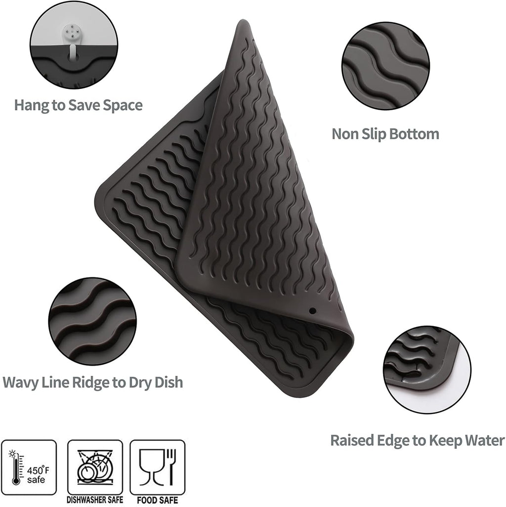 Silicone Dish Drying Mat for Multiple Usage,Easy clean,Eco-friendly,Heat-resistant Silicone Mat for Kitchen Counter or Sink,Refrigerator or Drawer liner Coffee M 12 inches x 12 inches