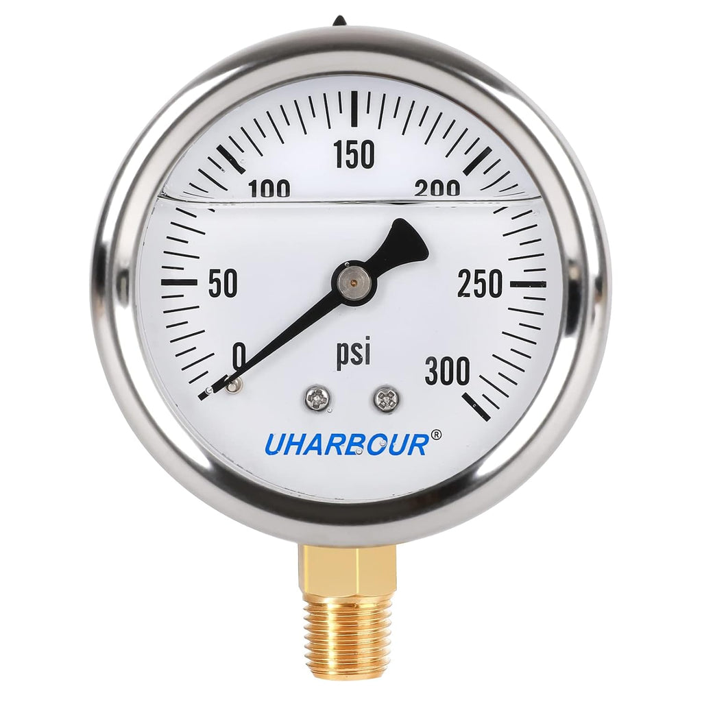 Glycerin Filled Pressure Gauge with 304 Stainless Steel Case, 2.5" Dial Size, 0-300Psi, High Accuracy, 1/4" NPT Center Lower Mount with Single Scale (psi).…