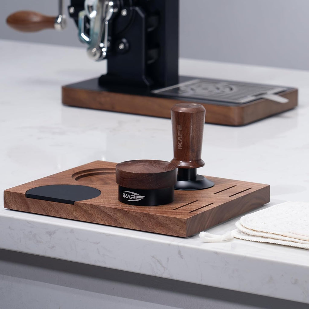 IKAPE 58MM Coffee Tamper Set 5 IN 1, Walnut Wood Espresso Tamper, Espresso Distributor, Tamper Base, Puck Screen, Cleaning Towel Set, Perfect for Everyday Use, Stylish, Functional Coffee Accessories