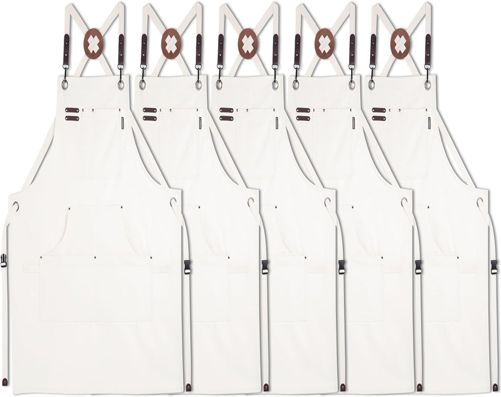 5 Pack Kitchen Apron, Work Apron, Canvas, Multiple Pockets, Gardening, Painting, BBQ, Artist, Carpenter, Sizes M to XXL, White