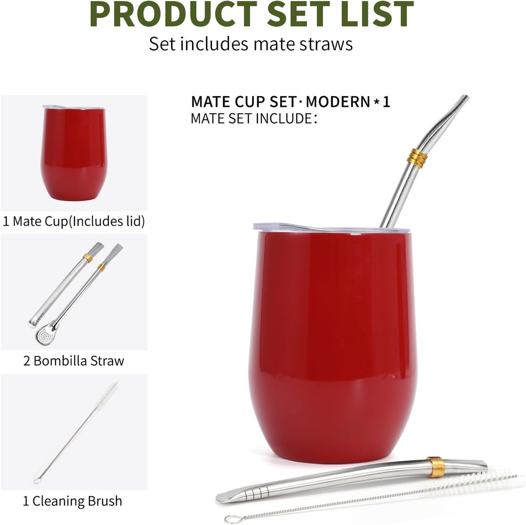 Yerba Mate Cup with Lid, 2 Bombillas, Cleaning Brush, 11.8oz Stainless Steel Double-Wall Insulated Gourd (Red)