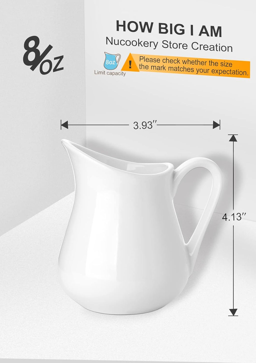 Nucookery 2 Pack 8 Oz White Creamer with Handle, Ceramic Small Creamer Pitcher Set of 2, Porcelain Small Milk Pitcher For Coffee Sauces Salad Milk, Microwave & Freezer Safe (8-Ounce, Set/2)