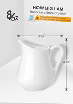 Nucookery 8 Oz Classic White Fine Porcelain Creamer with Handle,Small Creamer Pitcher For Sauces Salad Coffee Milk More,Microwave & Freezer Safe (8-Ounce, Set/1)