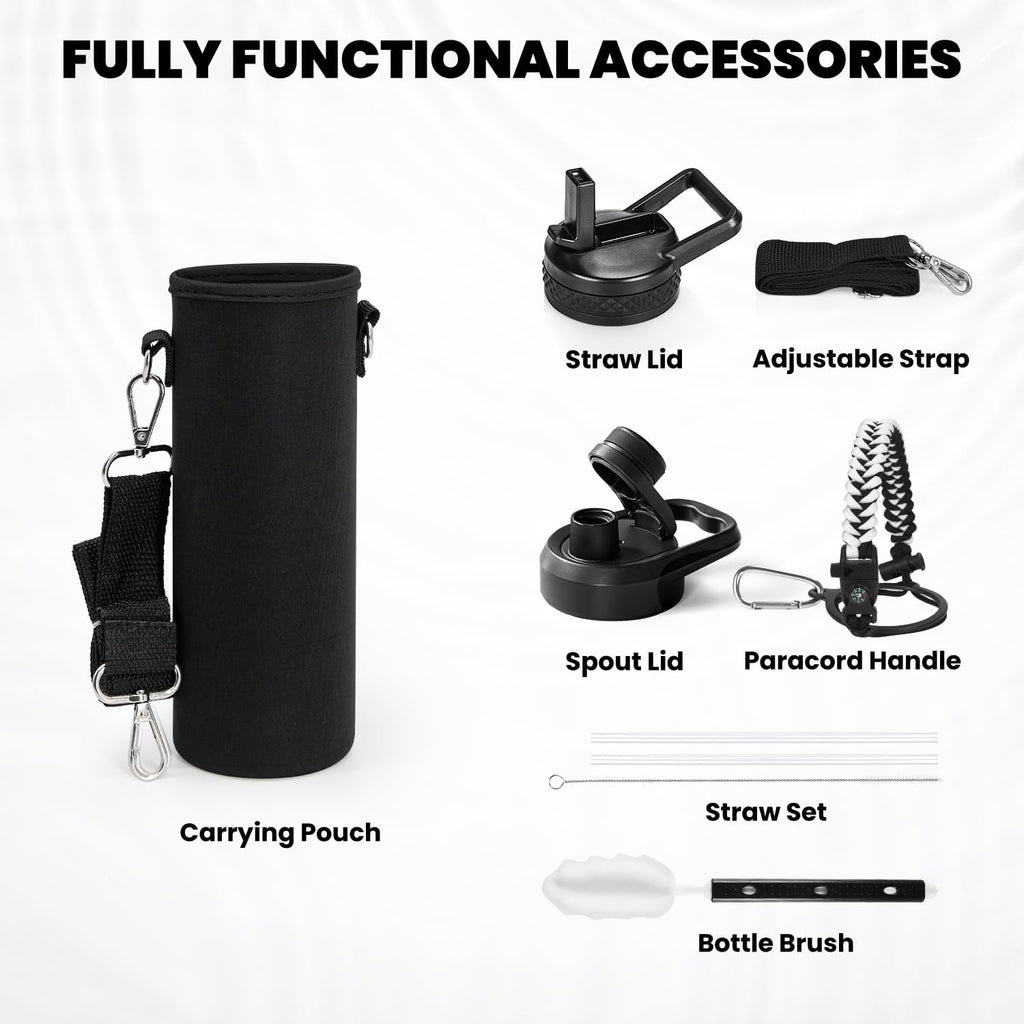 Insulated Water Bottle 24oz, Triple Wall Vacuum Stainless Steel (Cold for 48 Hrs, Hot for 24Hrs), Leak Proof & Non-BPA, 24oz Hydro Water Flask with Paracord Handle & Straw Spout Lids