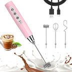 Nahida Pink Milk Frother Wand for Coffee, Frother Handheld Rechargeable Electric Whisk with 3 Heads 3 Speeds Drink Mixer Coffee Frother Foam Maker For Latte, Cappuccino, Hot Chocolate, Egg