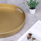Round Gold Decorative Serving Tray with Handles, 13” Versatile Ottoman Tray for Coffee Table, Entertaining, Outdoor Patio, Living Room