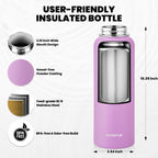Insulated Water Bottle 40 oz, Triple Wall Vacuum Stainless Steel (Cold for 48 Hrs), Leak Proof & Non-BPA, Modern Water Flask Jug with Paracord Handle & Straw Spout Lids, Lilac