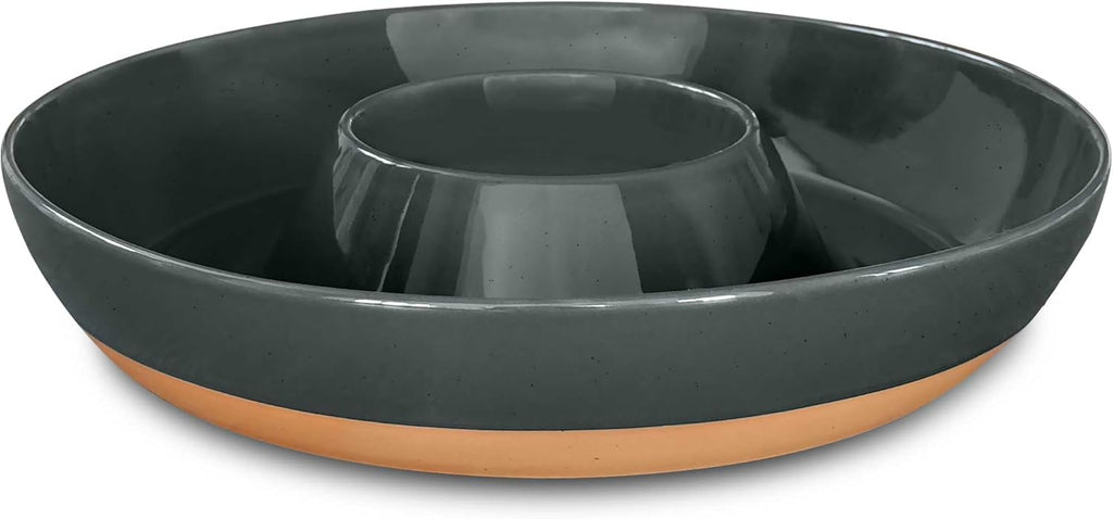 Mora Ceramic Chips and Dip Serving Tray: Large Divided Party Bowl Set for Chips & Salsa, Veggies & Dip, Fruit, Snacks, Entertaining, Hosting, etc. Minimalist Design for the Modern Hostess - Charcoal