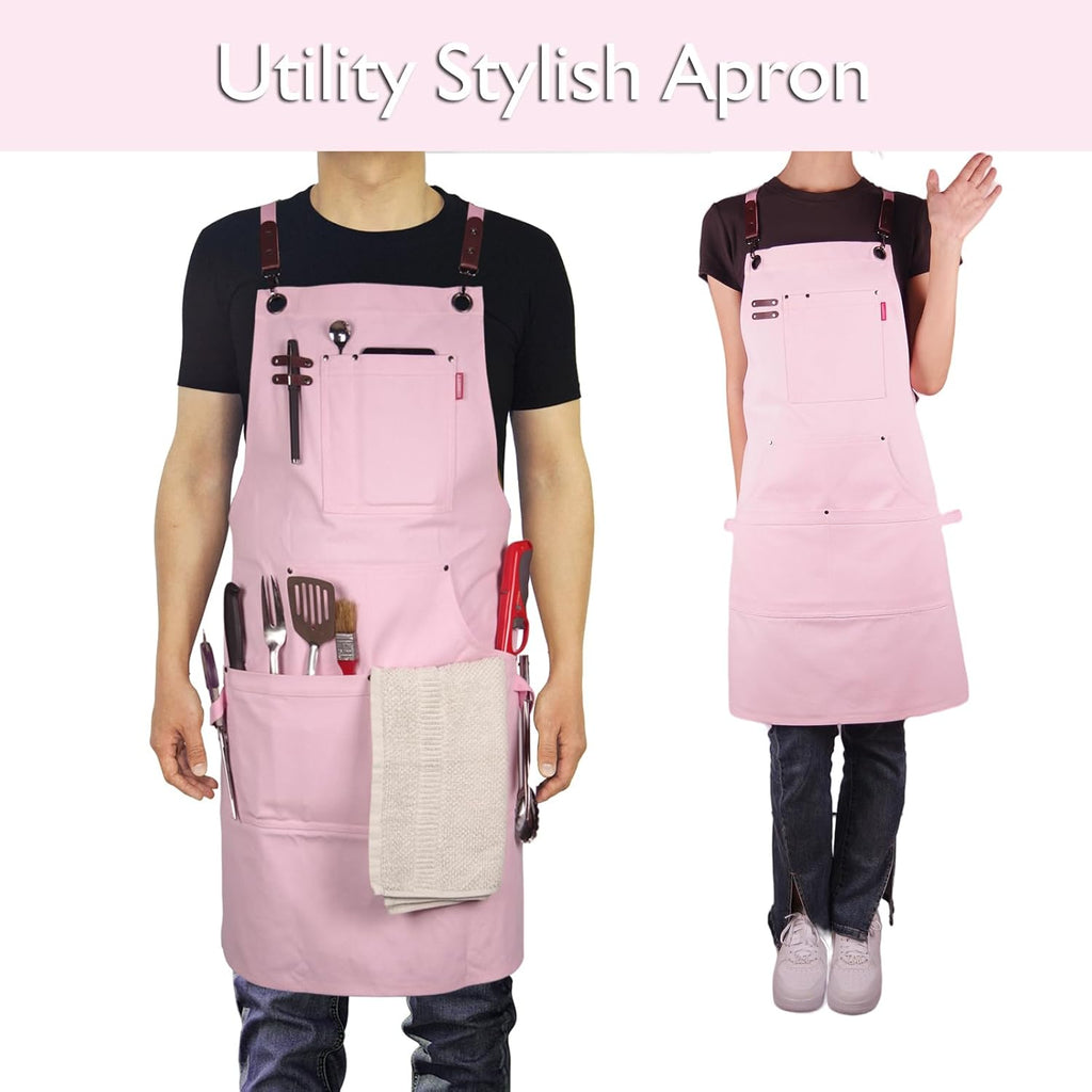 Kitchen Apron, Work Apron, Canvas, Multiple Pockets, Gardening, Painting, BBQ, Artist, Carpenter, Sizes M to XXL, Pink