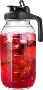 Mason Jar Pitcher, 64 OZ Glass Pitcher with Lid Double Leak-proof with Handle Water Jug Wide Mouth Breast Milk Pitcher Fridge Container for Water, Juice, Iced Coffee, Tea, Juice （Black）