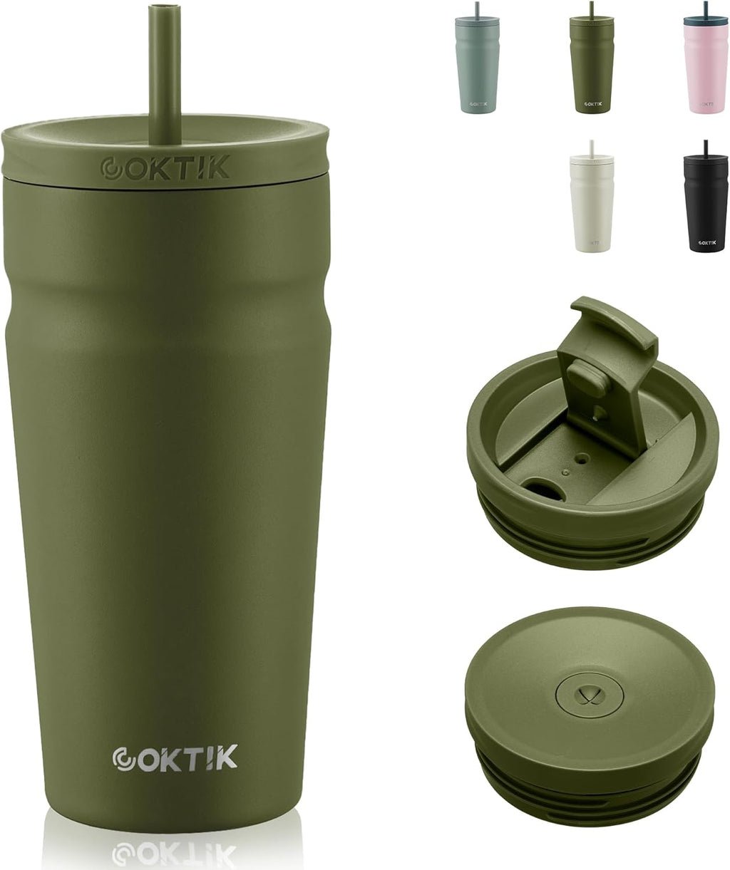 COKTIK 20oz Insulated Tumbler with Lid and Straw 2 Lids (Straw/Flip) Iced Coffee Cup Reusable Stainless Steel Travel Mug Water Bottle Cupholder Friendly for Women Men Her Him (Olive)