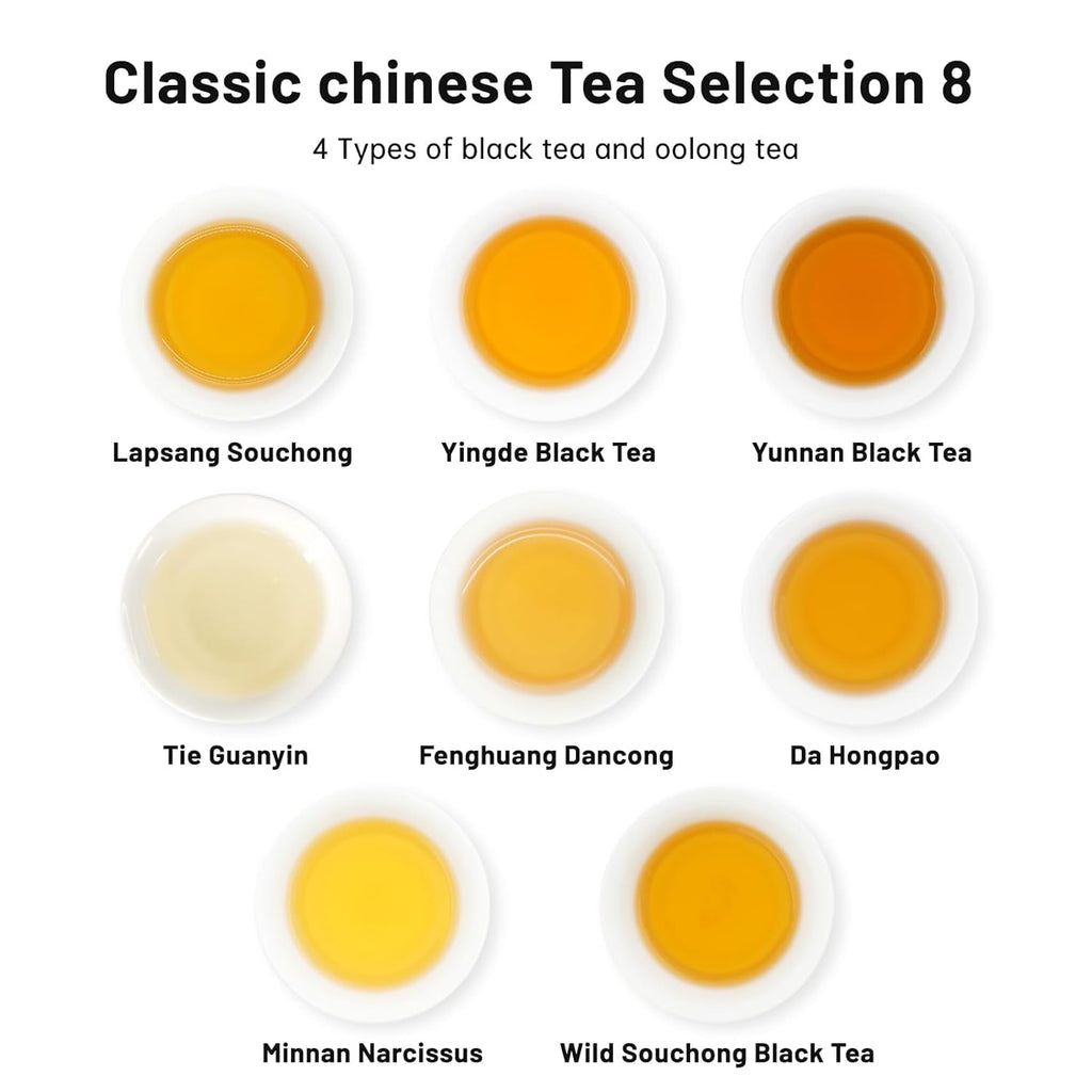 iTeaworld 8 Flavors Sampler Set, Up to 112 cups, High to Low Caffeine, Whole leaves, Loose Leaf Classic Chinese tea, Including Oolong and Black Teas, 16 Sample Bags with 20 Empty Tea Bag, 2.1OZ