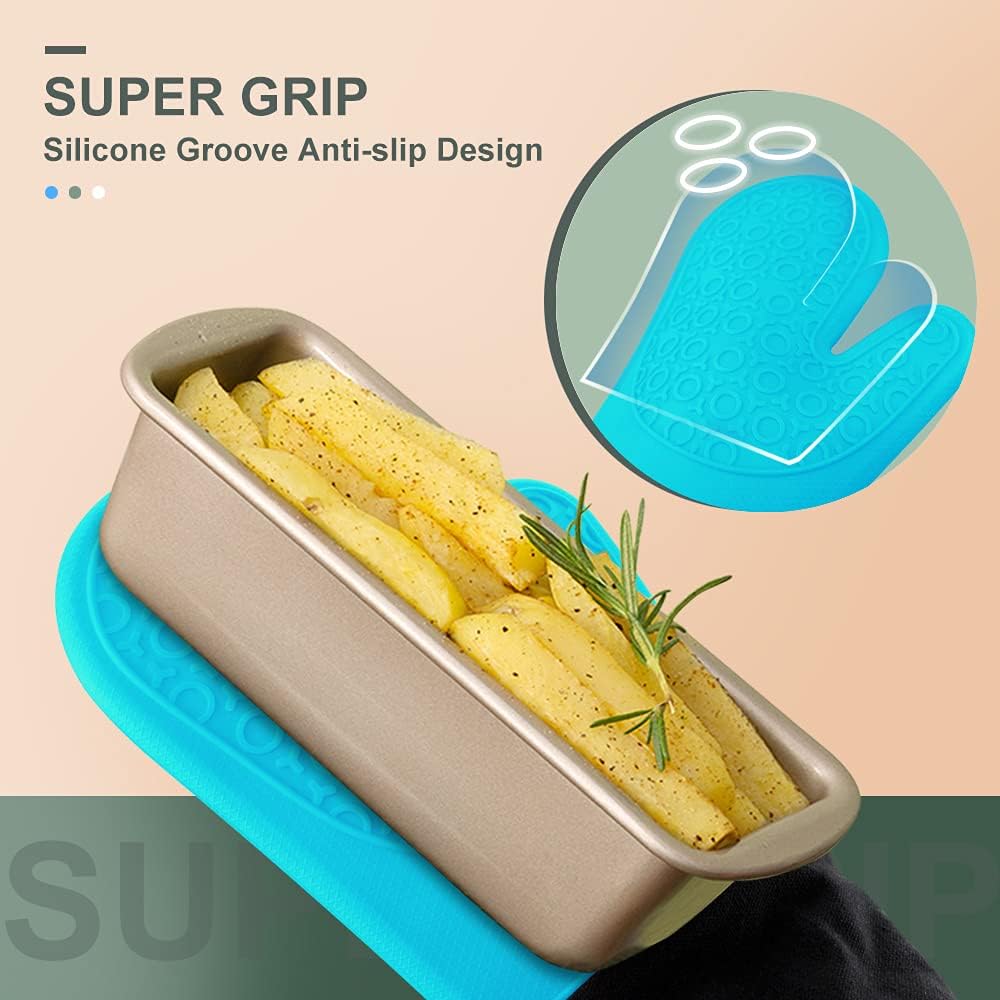 sungwoo Extra Long Silicone Oven Mitts, Heat Resistant Oven Gloves with Quilted Liner Non-Slip Textured Grip Perfect for BBQ, Baking, Cooking and Grilling - 1 Pair 14.6 Inch Turquoise & Black