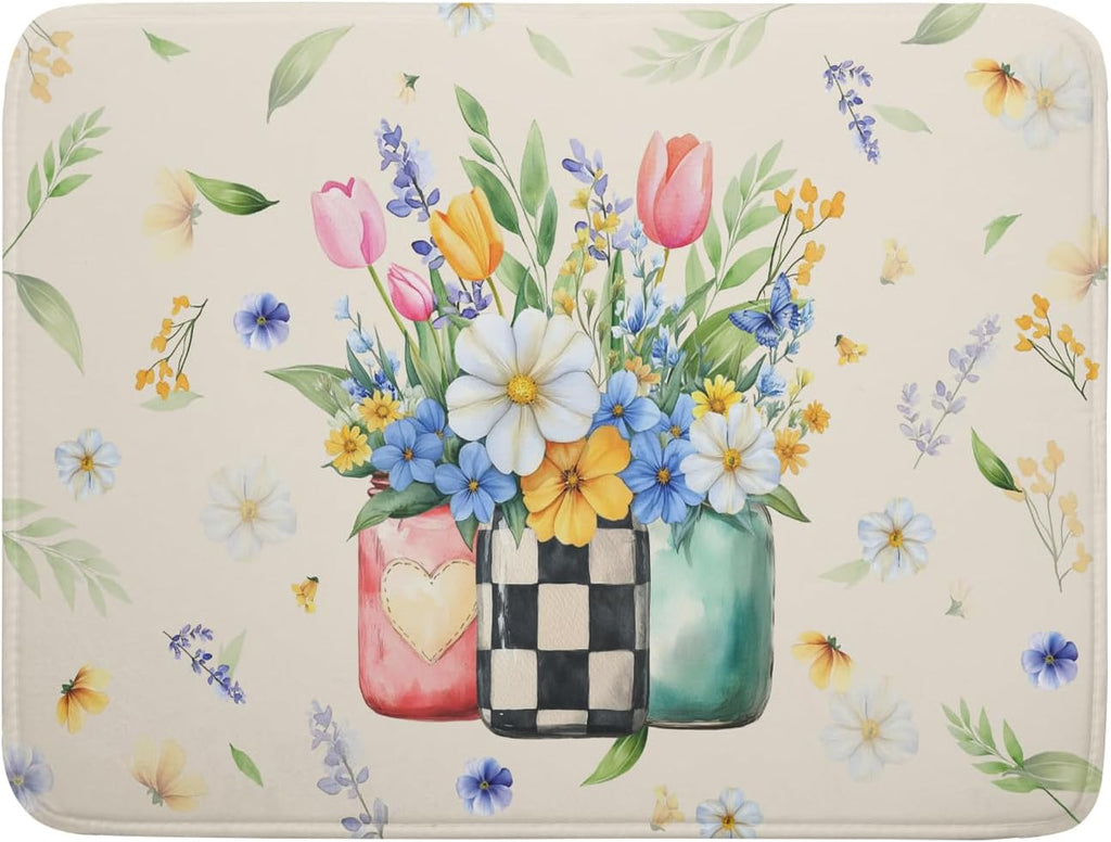 Giwawa Spring Flower Vases Dish Drying Mat for Countertop, 18"x24" Watercolor Floral Mason Jar Dish Drainer Mats, Wildflower Botanical Fast Dry Microfiber Large Dish Drying Pad Decoration