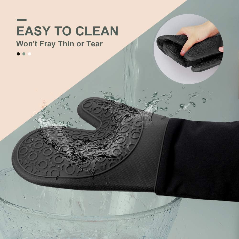 sungwoo Extra Long Silicone Oven Mitts, Heat Resistant Oven Gloves with Quilted Liner Non-Slip Textured Grip Perfect for BBQ, Baking, Cooking and Grilling - 1 Pair 14.6 Inch Black