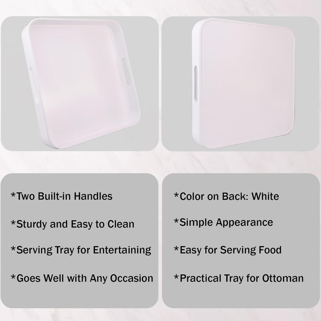 Square White Decorative Serving Tray with Handles, Versatile Ottoman Tray for Coffee Table, Entertaining, Outdoor Patio, Living Room, 13”*13”*1.6”