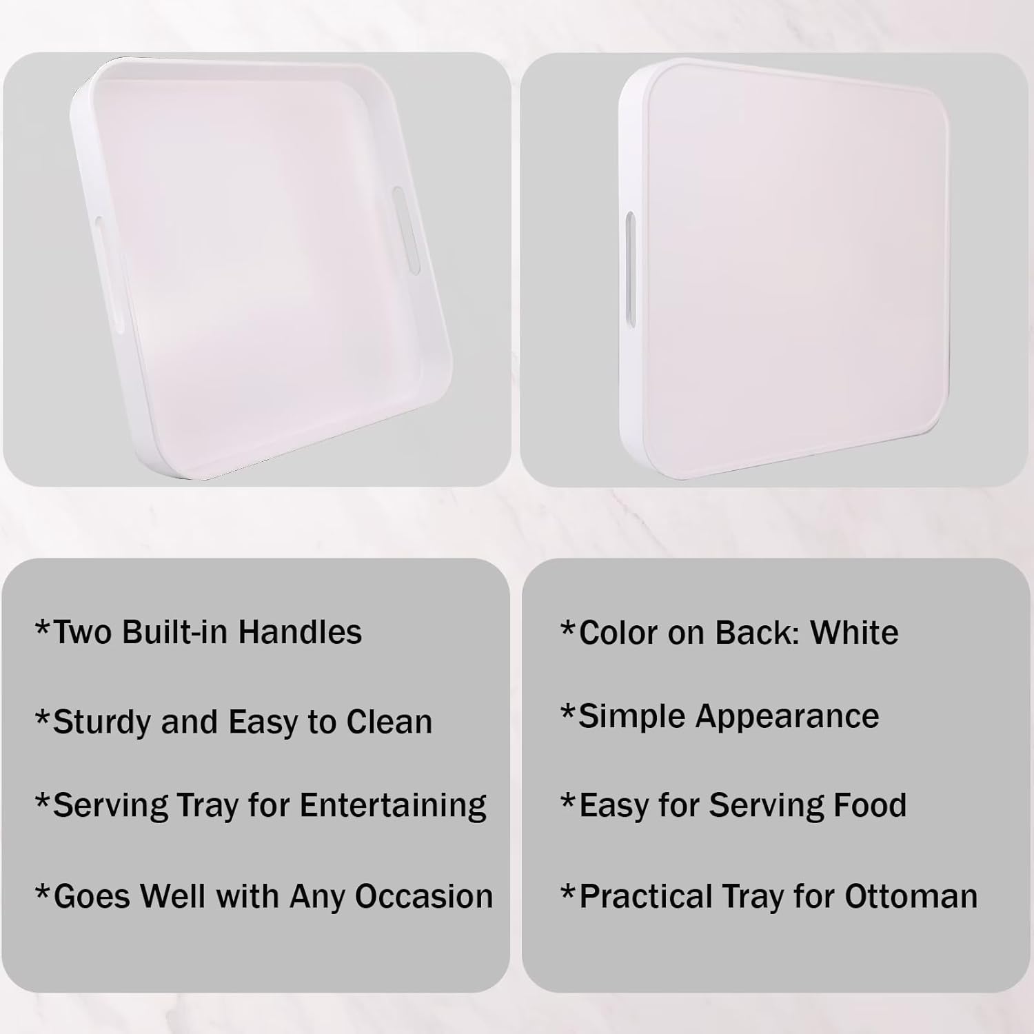 Square White Decorative Serving Tray with Handles, Versatile Ottoman Tray for Coffee Table, Entertaining, Outdoor Patio, Living Room, 13”*13”*1.6”