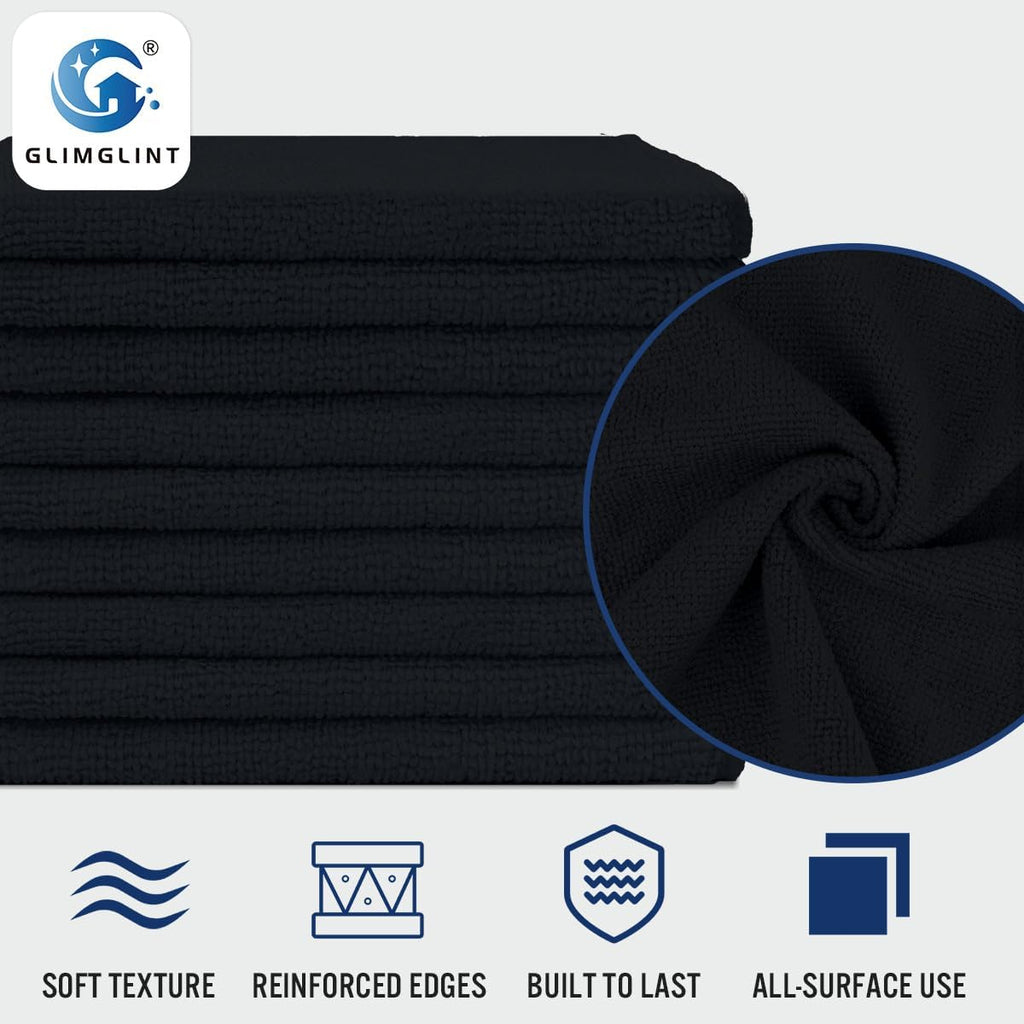 GLIMGLINT Black Microfiber Cleaning Cloth, 150 Pack Microfiber Towels for Cars, Lint Free, Scratch-Free, Highly Absorbent, Reusable Cleaning Rags for Car, Household, Shop Towels 14"X12"
