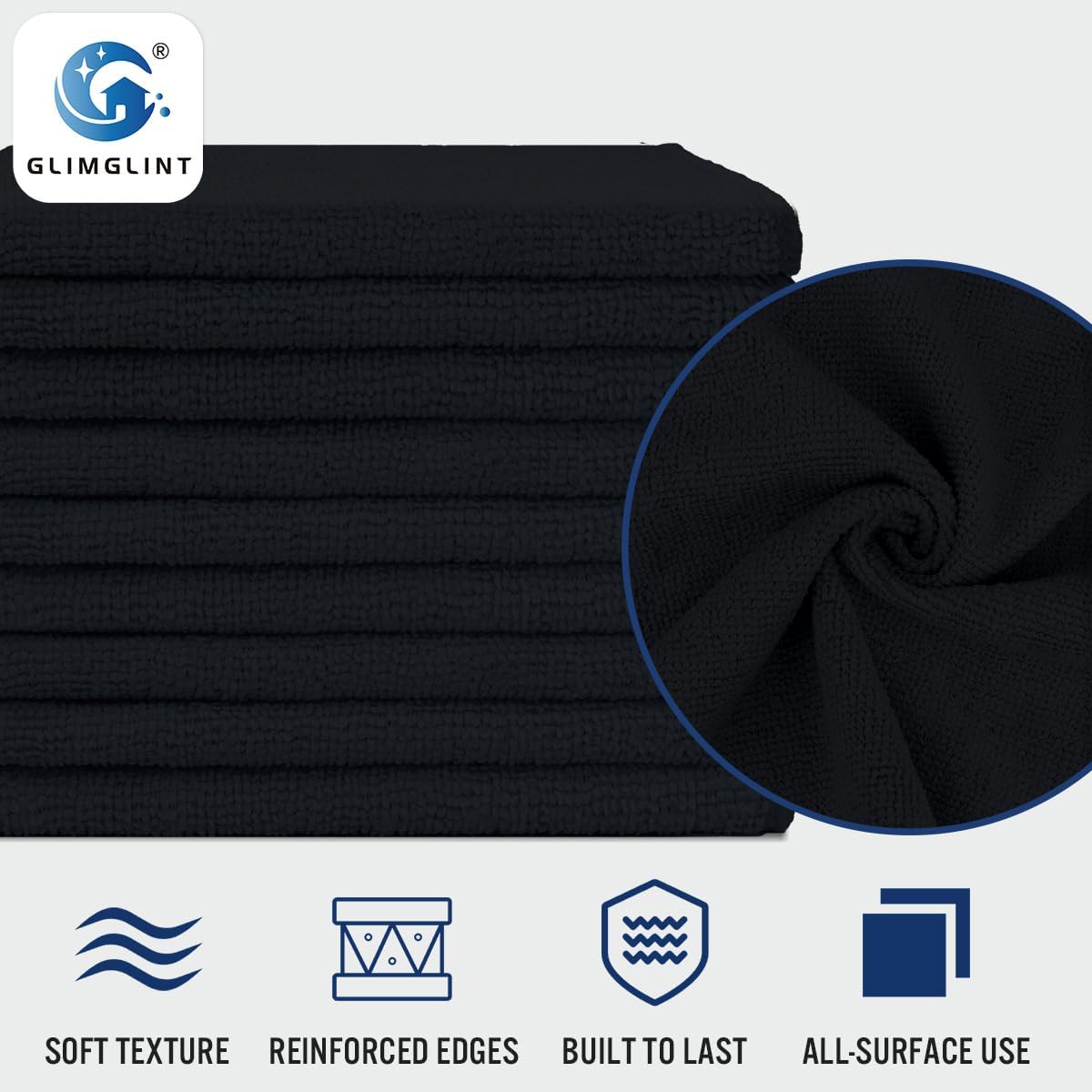 GLIMGLINT Black Microfiber Cleaning Cloth, 150 Pack Microfiber Towels for Cars, Lint Free, Scratch-Free, Highly Absorbent, Reusable Cleaning Rags for Car, Household, Shop Towels 14"X12"