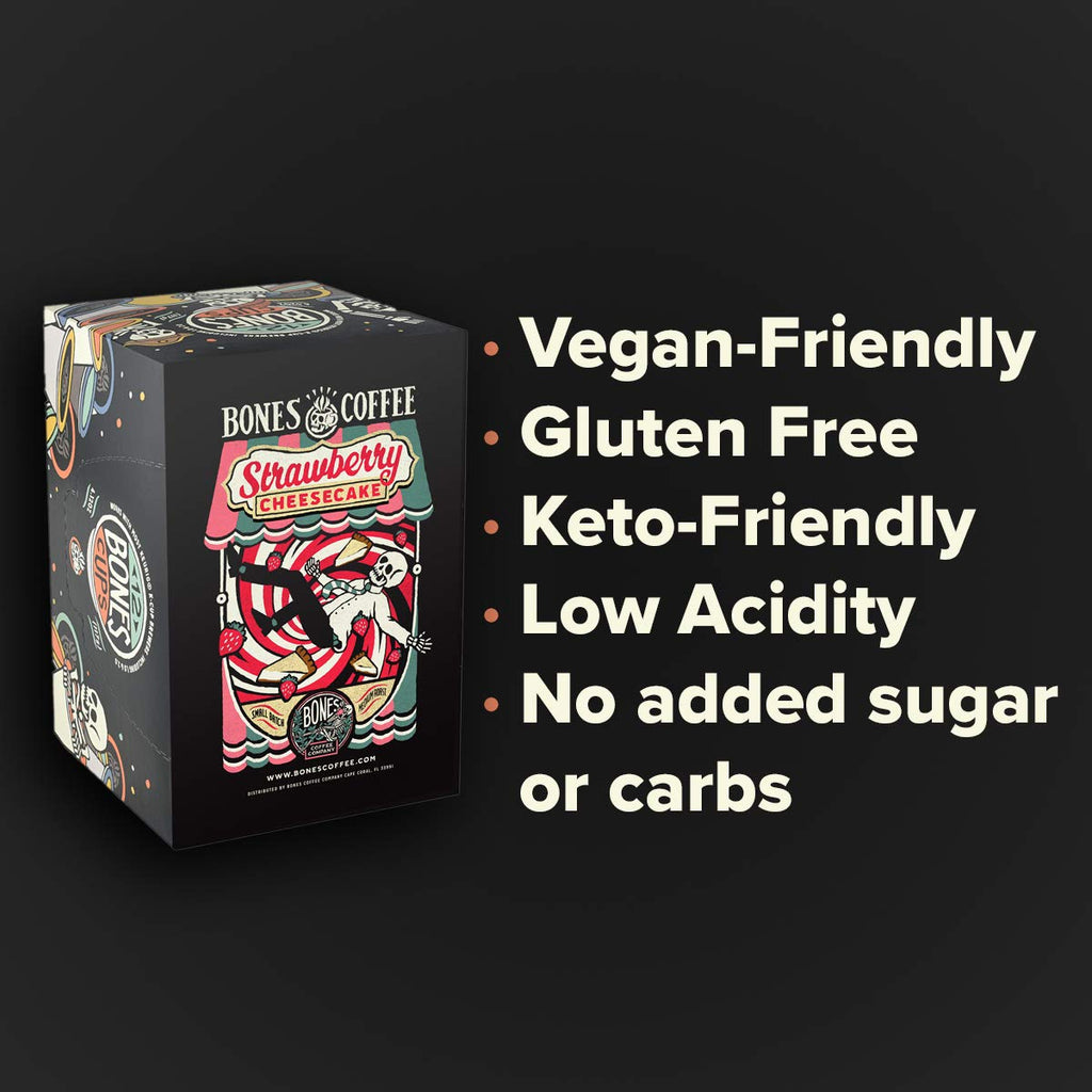 Bones Coffee Company Strawberry Cheesecake Flavored Coffee Pods, Low Acid Medium Roast Single-Serve Bones Cups, Compatible with 1.0 & 2.0 K-Cups Brewers Coffee Maker, 12 Count