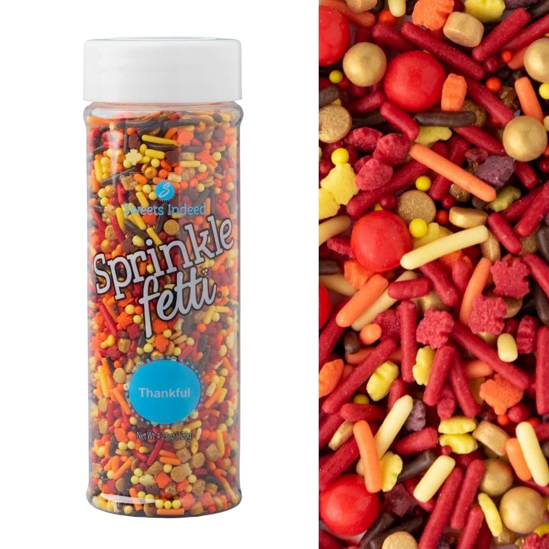 Sweets Indeed Thankful Fall Sprinklefetti Mix – 4 oz Jar | Autumn Sprinkles with Jimmies, Nonpareils, Leaf Quins & Sugar Pearls | Thanksgiving Cupcake & Cookie Decorations