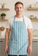 AMOUR INFINI Cotton Striped Aprons for Women with Pockets - Adjustable Strap and Waist Ties Printed Apron for Baking, Cooking, Gardening (27.5 x 33 Inches - Dove Blue)