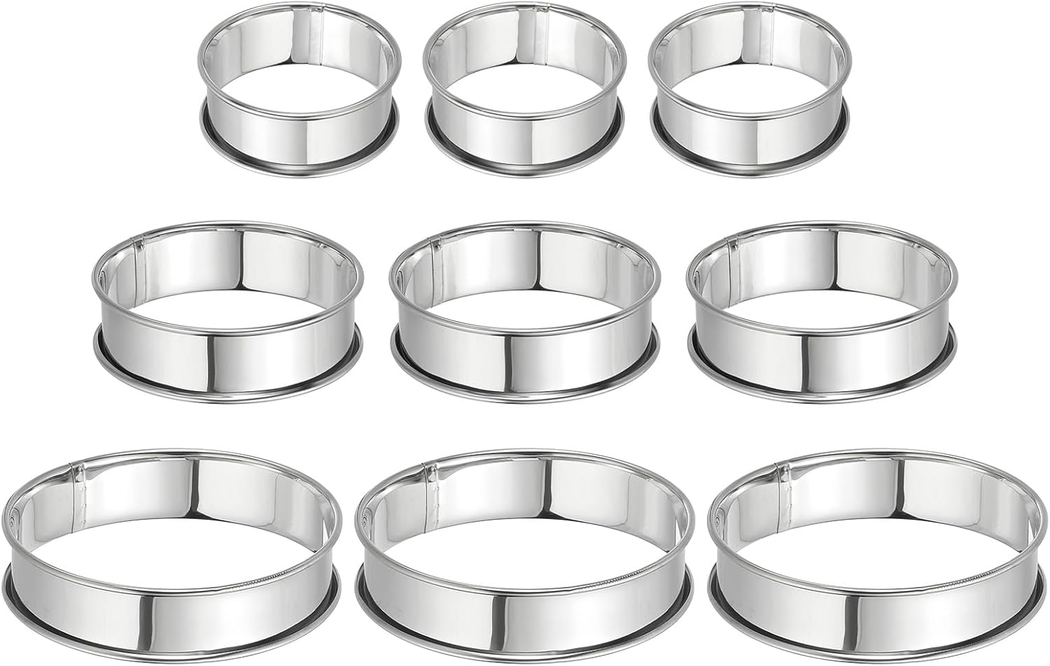 HARFINGTON 9pcs Crumpet Rings 2.36" 3.15" 3.94" Nonstick Round Cake Ring Stainless Steel Double Rolled English Pastry Rings for Kitchen Baking Crumpet Dessert, Silver
