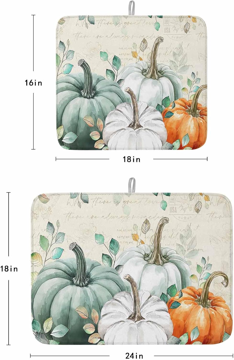 Fall Dish Drying Mat for Kitchen Counter Green Pumpkin Drying Pad Absorbent Drying Mats for Countertops Sinks Draining Racks Eucalyptus Leaves Drainer Holiday Harvest Thanksgiving Decorations 16x18