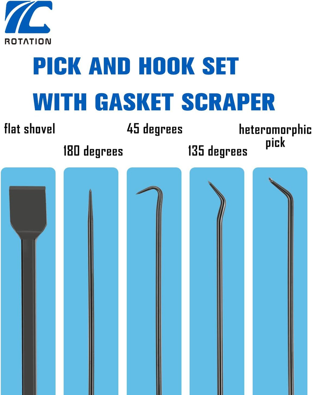 ROTATION Precision Hook and Pick Set with Scraper, 9 Piece Set, Chrome Vanadium Steel Shaft, for Remove Hoses and Gaskets, Auto and Electronics maintenance tools