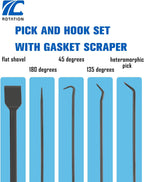 ROTATION Precision Hook and Pick Set with Scraper, 9 Piece Set, Chrome Vanadium Steel Shaft, for Remove Hoses and Gaskets, Auto and Electronics maintenance tools