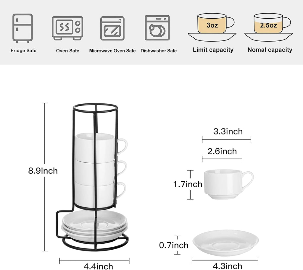 YOLIFE 2.5oz Porcelain Stackable Espresso Cups with Saucers and Metal Stand Set of 4, Stackable Cappuccino Cups, White Expresso Shots Cup Set for Coffee Drinks, Latte, Tea