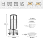 YOLIFE 2.5oz Porcelain Stackable Espresso Cups with Saucers and Metal Stand Set of 4, Stackable Cappuccino Cups, White Expresso Shots Cup Set for Coffee Drinks, Latte, Tea