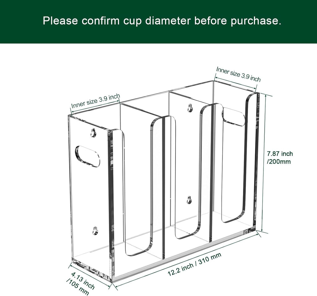 Disposable Coffee Cup Dispenser with Handles, Countertop or Wall Mount Hot/Cold Drink Cup and Lid Holder - Bathroom/Kitchen/Office Acrylic Cup Lid Storage Organizer (3 Compartments, Clear)