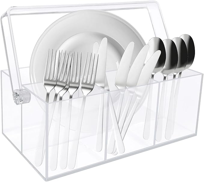 Acrylic Utensil Holder,Silverware Organizer for Countertop,Kitchen Table,Buffet & Picnic Party,Heavy-Duty Cutlery Caddy for Spoons, Forks,Knives & Napkins,Space-Saving Indoor Outdoor Essential