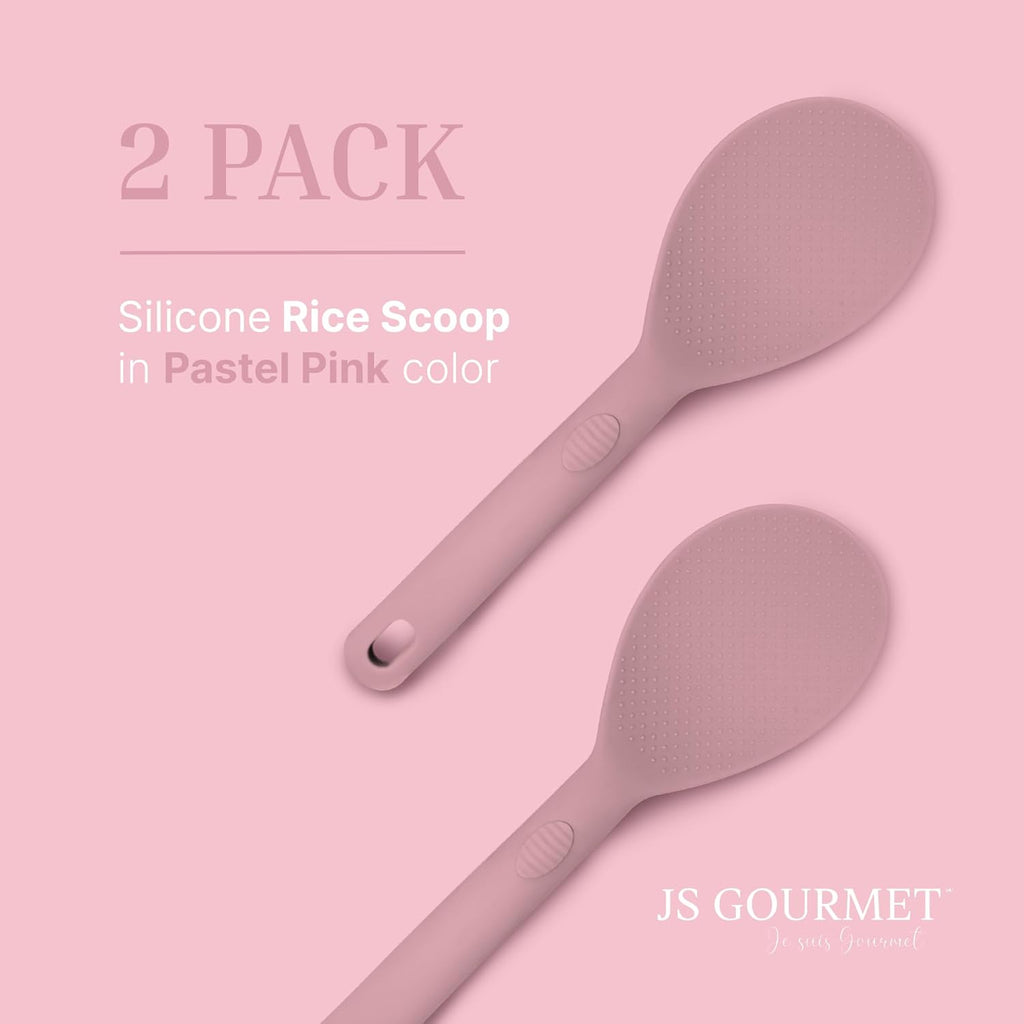 Silicone Rice Paddle Set – 2-Piece Set of Spoon Spatulas for Non-Stick Cookware – Kitchen Tools and Accessories with Comfortable Handles, Heat-Resistant Utensils for Cooking and Baking – Pastel Pink