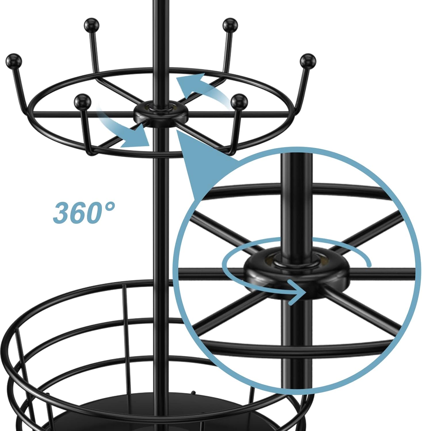 Visentor Rotatable Metal Coffee Mug Rack - 3 Tier Holder with 10 Hooks, Cup Pods & Saucer Basket for Bar Kitchen Counter - Black