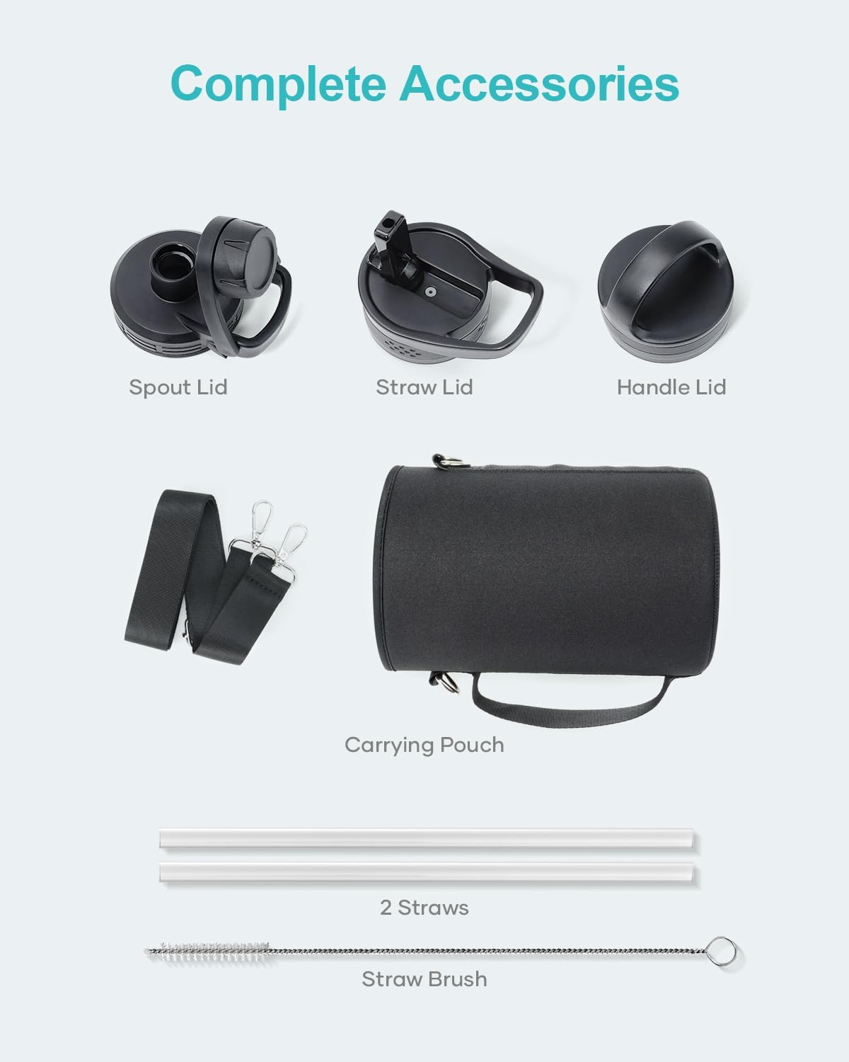 BUZIO 64 oz Water Bottle Insulated with Straw & 3 lid and Carrying Pouch, Leak Proof Half Gallon Stainless Steel Water Flask Jug, Cold for 48 Hrs Double Vacuum Thermo Canteen, BPA-Free, Purple