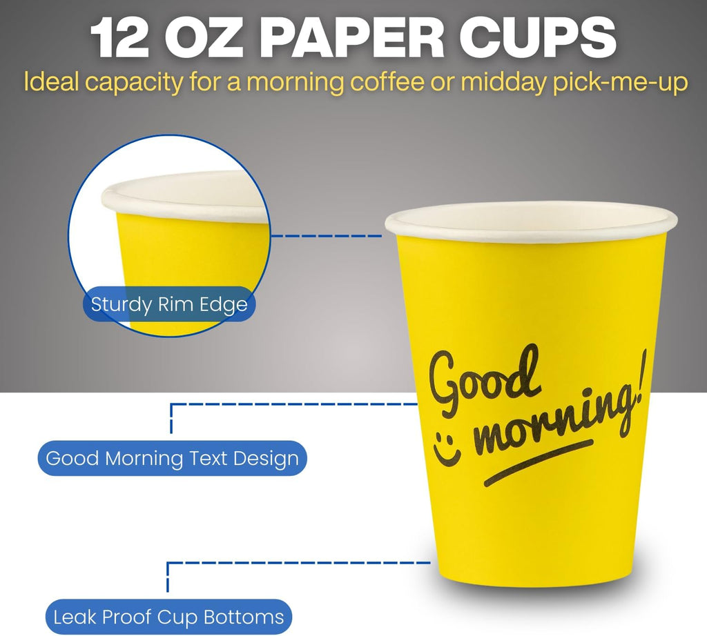 Smygoods Disposable Coffee Cups, To Go Paper Hot Cups, Good Morning Design (12 OZ, 50 Count) For Hot Beverages, Coffee, Tea, Espresso, Cocoa - Vasos Para Cafe