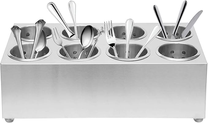 DYNAMI 8-Compartment Stainless Steel Utensil Holder,Commercial Perforated Silverware Holder,Cylinder Silverware Utensil Holder Flatware Organizer Countertop,for Restaurant Kitchen(8-Compartment)
