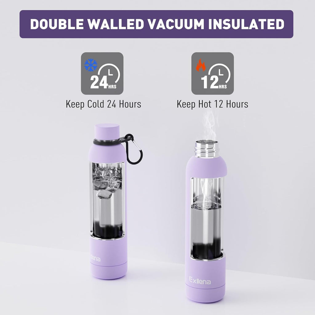 Slim Insulated Water Bottles for Travel 25oz with Clip, Double Wall Vacuum Stainless Steel Water Bottle Keeps Drinks Cold 24 Hrs/Hot 12 Hrs, 100% Leakproof, BPA Free(Purple)