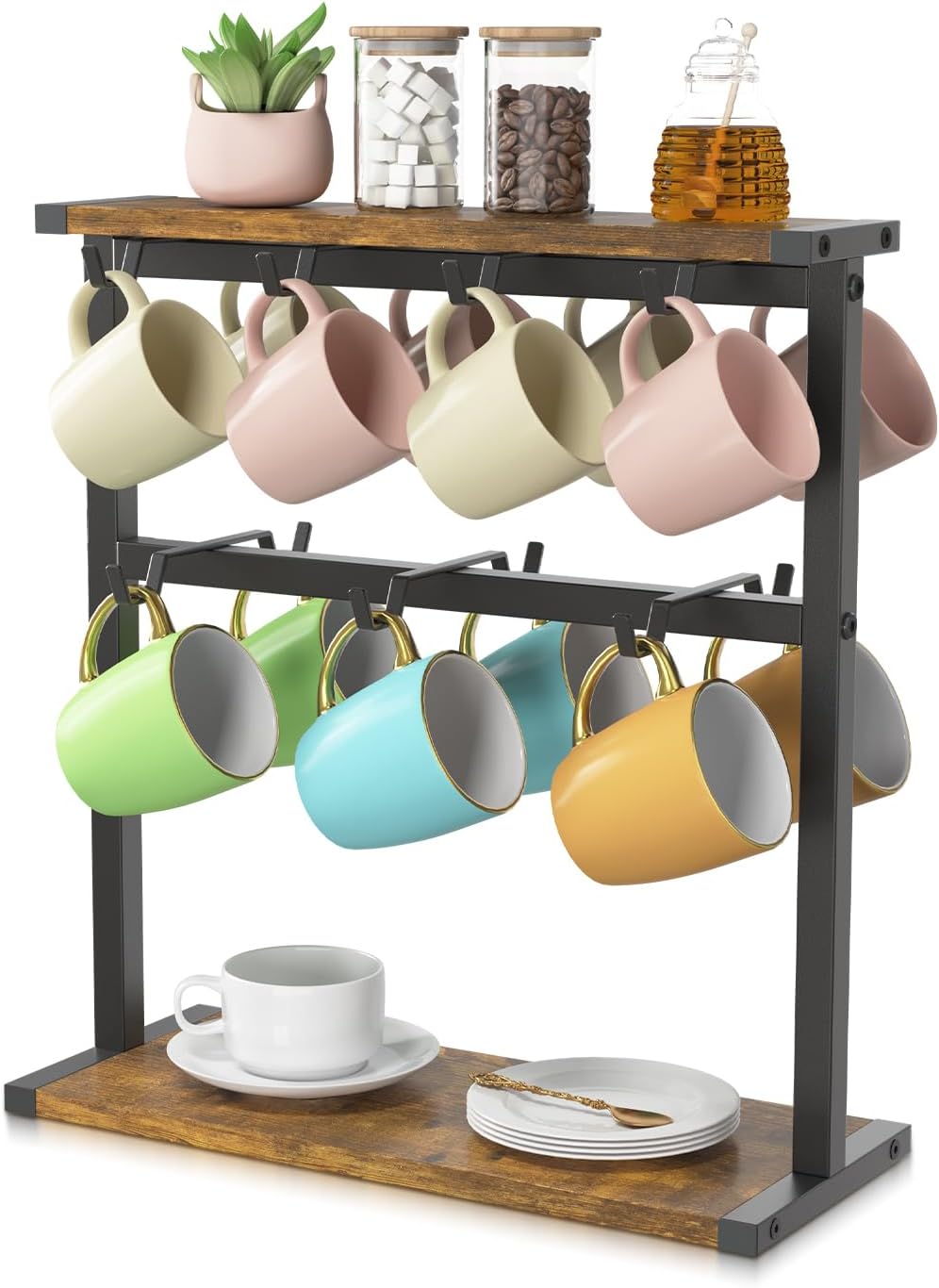 EsLuker.ly Coffee Mug Holder Cup Tree Rack for Countertop, 2 Tier Rustic Wood Coffee Bar Station Organizer Narrow Display Stand for Kitchen Office, Hold 14 Mugs with Sturdy Base, Free Up Counter Space