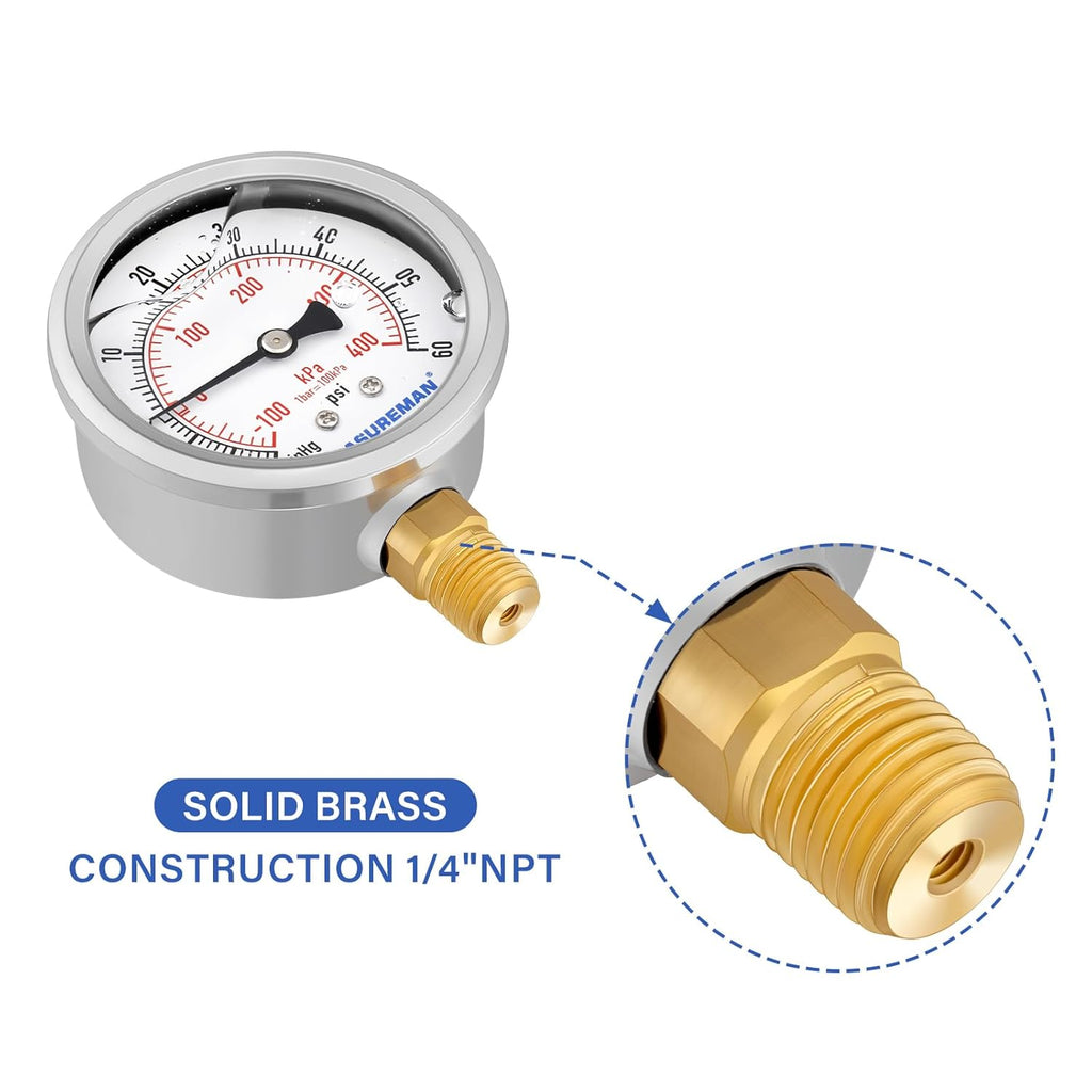 MEASUREMAN 2-1/2" Dial Size, Glycerin Filled Pressure Gauge, 30inHG-60psi, 304 Stainless Steel Case, 1/4" NPT Lower Mount