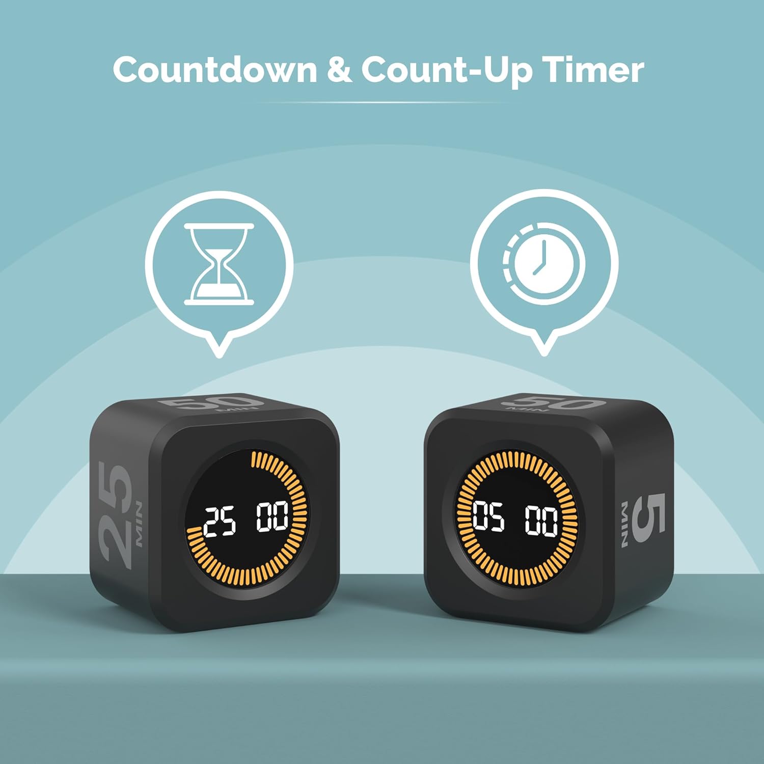KADAMS Pomodoro Cube Timer Productivity Visual Timer - 5/10/25/50 Min Rotating Countdown, Customize Countup Silent Mode- for Work Study Cook Workout Kitchen Back to School Classroom(Black)