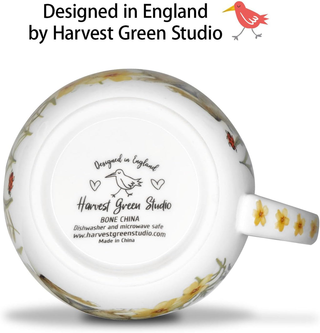 20 oz Rabbit Coffee Hug Mug, Spring Flowers & "Happy Days" Slogan, Premium Bone China Cute Bunny Mug, Perfect Holiday and Birthday Gift for Women, Designed in England by Harvest Green Studio