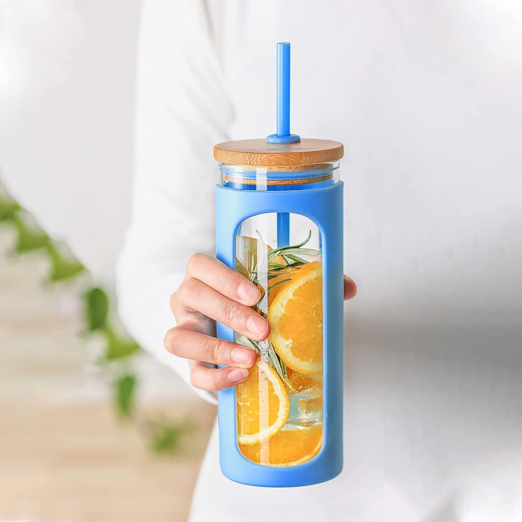 Kodrine 20oz Glass Tumbler with Straw and Lid, Iced Coffee Cups with Bamboo Lids, Glass Cups for Cold Drinks, Smoothie Cup with Silicone Sleeve for Travel, Work, BPA FREE-SkyBlue