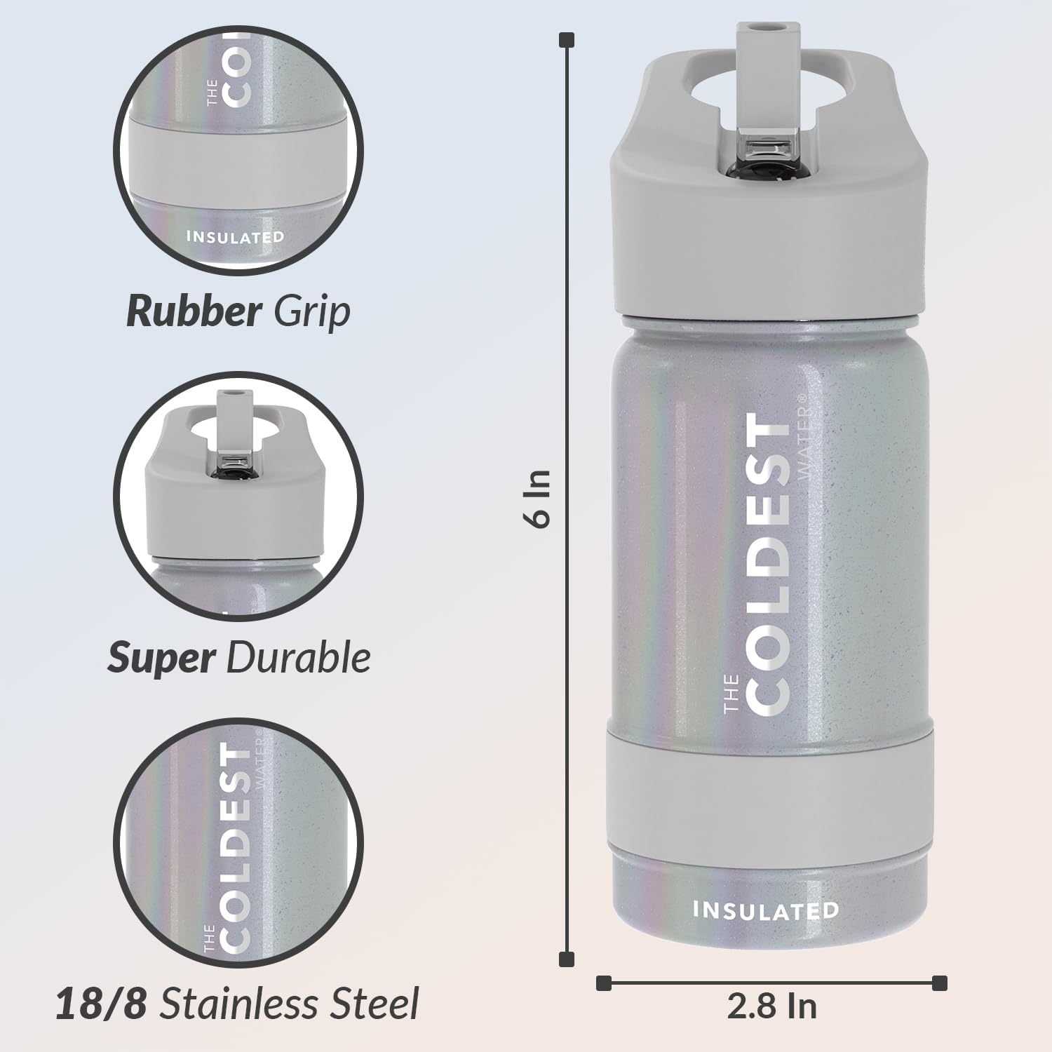 Coldest Insulated Water Bottle with Straw Lid - Stainless Steel Metal Insulated Bottle for Men & Women (Supernova Silver Glitter, 14 oz)