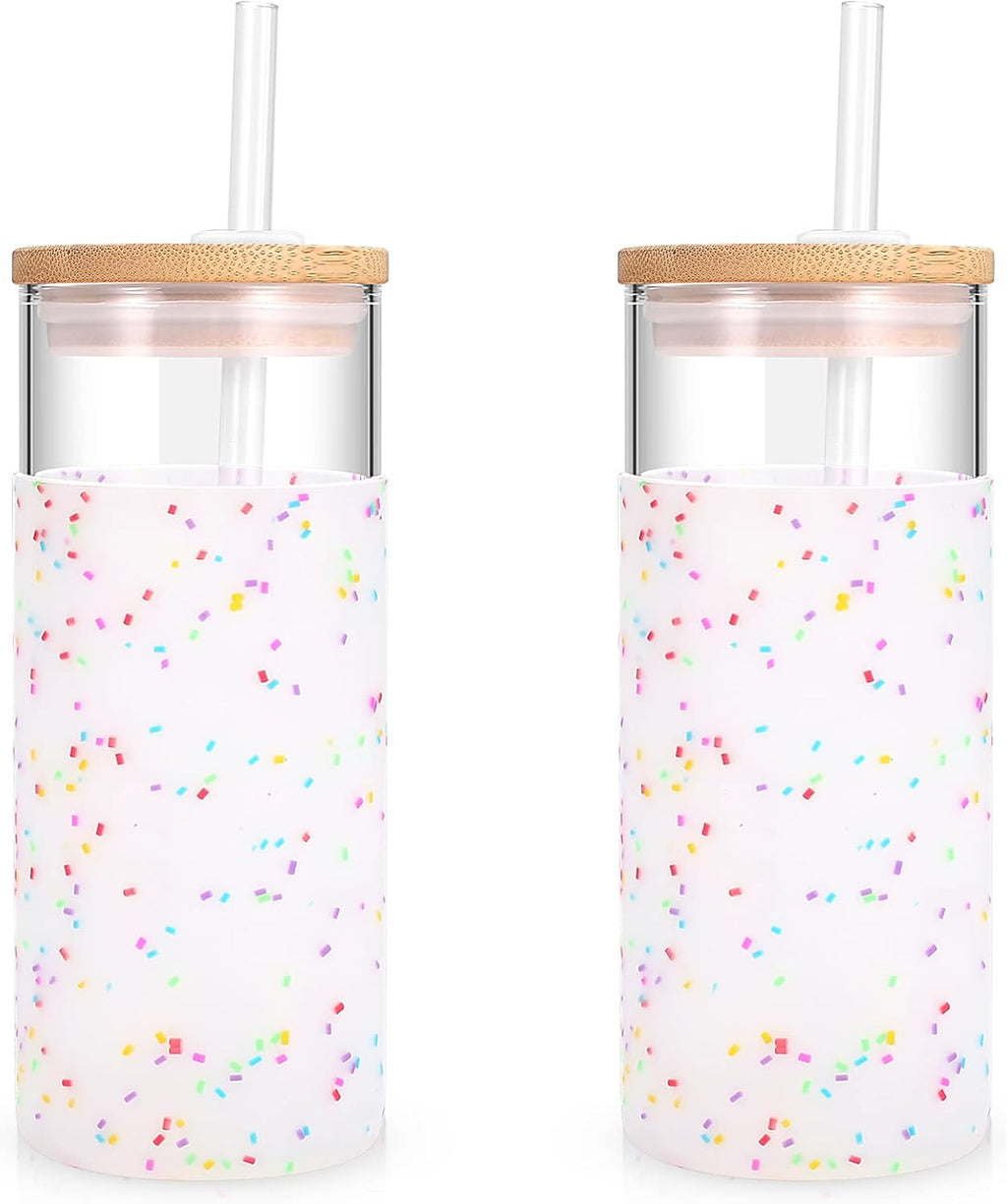 Tronco 20 oz Glass Tumbler Glass Water Bottle Straw Silicone Protective Sleeve Bamboo Lid - BPA Free (Colorful spots/ 2pack)