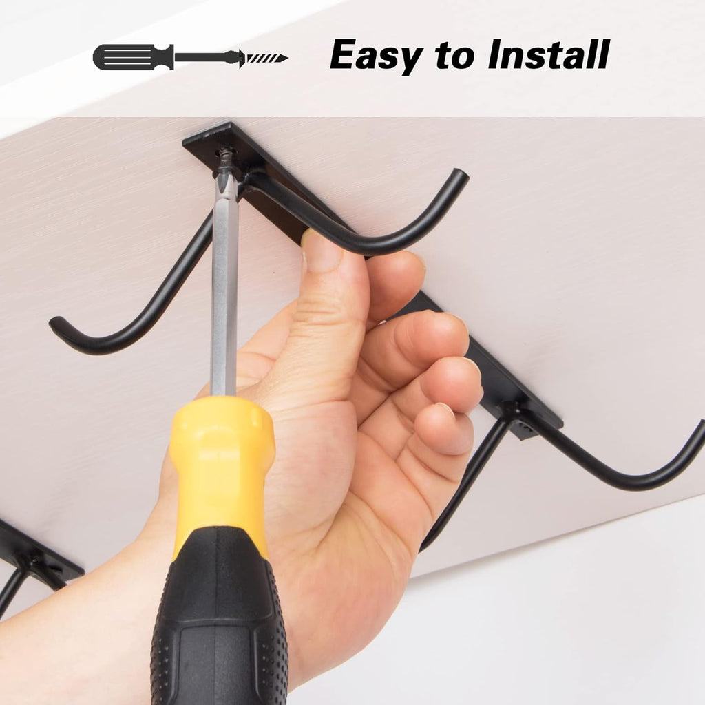 Cabinet Hook Mug Holder - Hanging Coffee Cup Rack for Kitchen, Under Cabinets Metal Hangers Organizer Shelf Storage Utensil (Black)