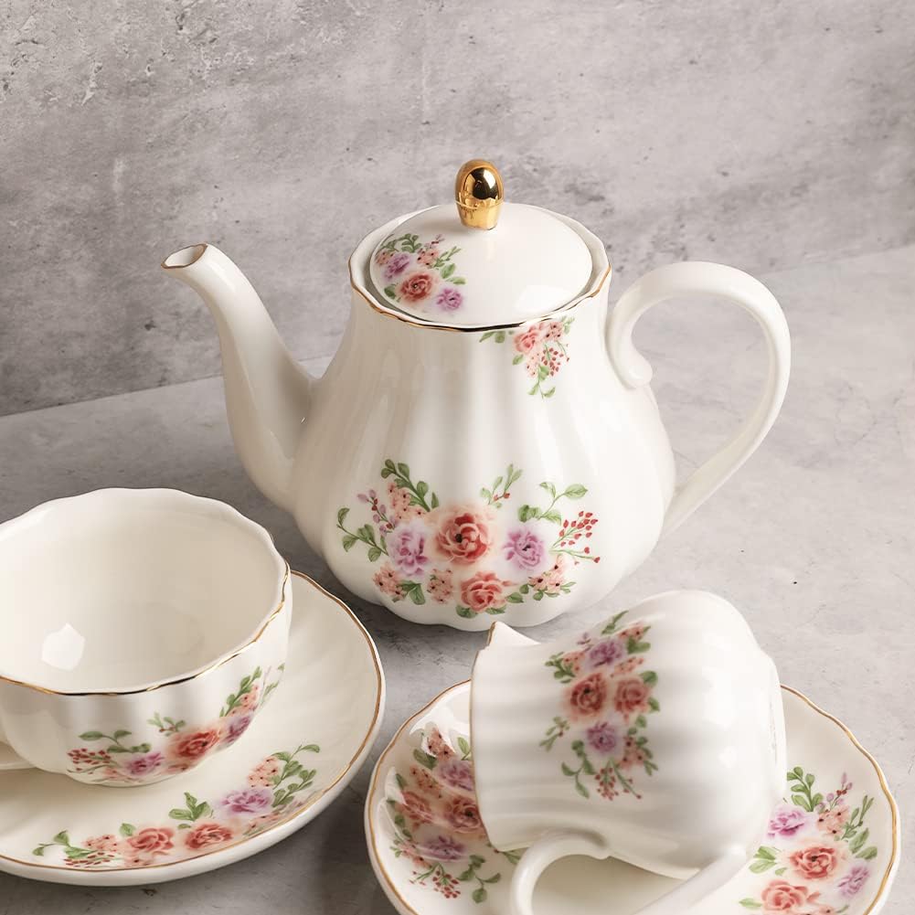 Porcelain Tea Sets British Royal Series, 8 OZ Cups & Saucer Service for 6, with Teapot Sugar Bowl Cream Pitcher Teaspoons and Tea Strainer, Suitable for High Tea, Wedding, Party（Rose Flower）